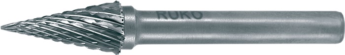 Frässtift SKM D.12mm Kopf-L.25mm Schaft-D.6mm HM Blank Verz.KVZ 4 RUKO Hartmetall · Form M (SKM nach DIN 8033) · Spitzkegelform · mit Kreuzverzahnung · Schaft-Ø 6 mm ( bei Art. 4000 602 920 = 3 mm)