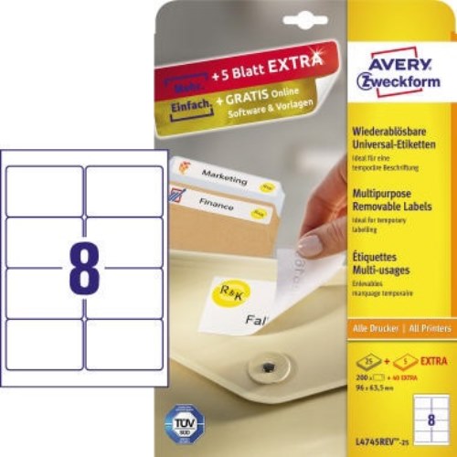 Avery Zweckform Etikett L4745REV-25 96x63,5mm weiß 200 St./Pack.