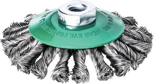 Kegelbürste D.115mm M14 Drahtstärke 0,5mm VA-Stahldraht 12mm 15000min-¹ LESSMANN gezopfter Draht · Verzopfung Rechts/Links im Wechsel · zur Bearbeitung von schwer zugänglichen Stellen · zur Entfernung von Schlacke, Rost, Zunder, Lack etc. · ideal für Ecke