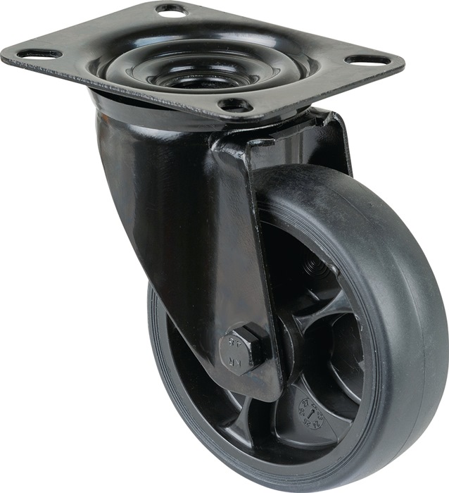 BS ROLLEN L800.B44.101.06 Lenkrolle  Rad-Ø 100 mm Tragfähigkeit 110 kg Lenkrollen Gummi Platte L104xB80 mm Farbe Rolle schwarz Transportgeräterolle · Gehäuse aus Stahlblech, schwarz · Rollenlager · thermoplastisches Gummirad schwarz · zweireihiger Kugelkr