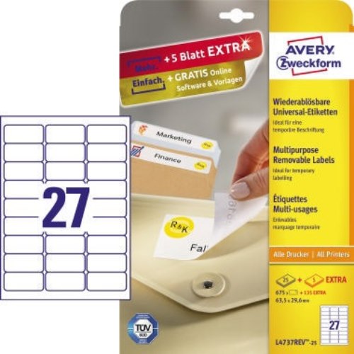 Avery Zweckform Etikett L4737REV-25 63,5x29,6mm weiß 675 St./Pack.