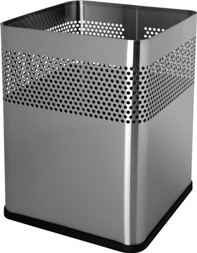 Papierkorb 18l H325xB240xT240mm quad.VA silber HELIT Gehäuse aus Edelstahl · Boden mit Gummiring, schwarz · luftdurchlässiges Lochraster