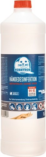 Hände-Desinfektionsmittel Robbyrob 1l ROBBYROB desinfiziert besonders schnell und zuverlässig alle abwaschbaren Oberflächen und Gegenstände · es wirkt gegen alle Bakterien, Pilze und spezielle Viren · beseitigt 99,9 % der Bakterien, Pilze, Keime und spezi
