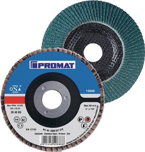 PROMAT  Fächerscheibe  D. 125 mm Körnung 80 gekröpft INOX Zirkonkorund