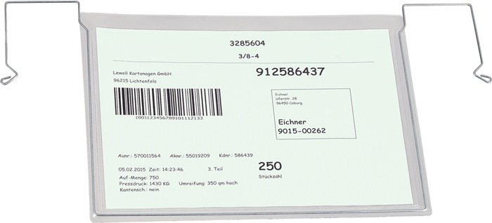 Dokumententasche B330xH245mm DIN A4 quer m.flex.Drahtbügel EICHNER mit flexiblem Drahtbügel · transparent · ohne Klappe · zum Anbringen an Gitterboxen, Transportbehältern und Versandkartons · VE = 10 Stück