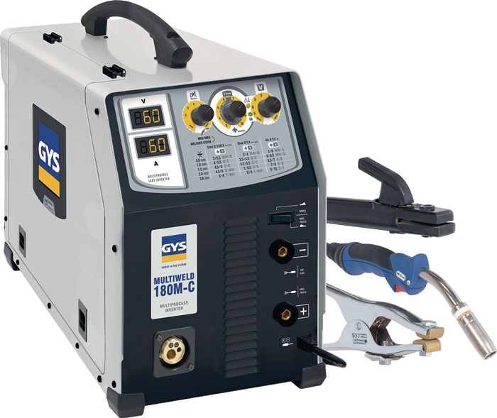 GYS 078727 MIG/MAG-Schweißanlage MULTIWELD 180M-C mit Zubehör 30-180 A gasgekühlt Eigenschaften und Anwendungsgebiete · kompakte, einphasige Stromquelle, die die Schweißverfahren MIG/MAG, Fülldraht und MMA kombiniert · intuitive Bedienschnittstelle umfass