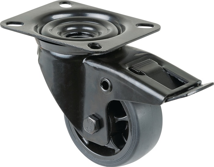 BS ROLLEN L820.B44.081.06 Lenkrolle  Rad-Ø 80 mm Tragfähigkeit 100 kg mit Feststeller Gummi 104x80mm schwarz Transportgeräterolle mit Totalfeststeller · thermoplastisches Gummirad schwarz · Radkörper Kunststoff schwarz · Rollenlager · mit Plattenbefestigu