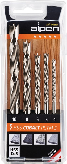 Holzspiralbohrersatz PCTM 5-tlg.D.4,5,6,8,10mm HSS-Co5 ALPEN aus HSS-Co5 mit sehr hoher thermischer Belastbarkeit · zum Bohren von Weich-und Harthölzern · Spanplatten und Hartfaserplatten · Besonderer Produktvorteil: hitzebeständig bis 650°C besonders gee