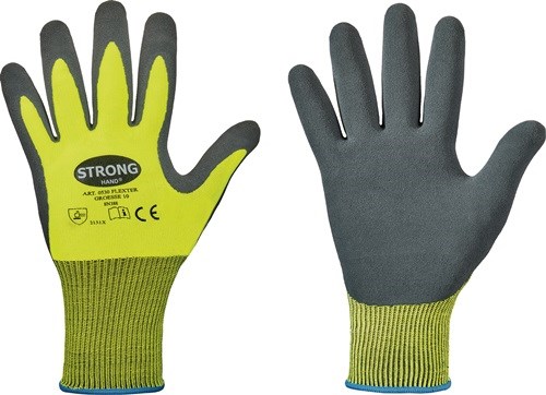 Handschuhe Flexter Gr.7 neogelb/grau EN 388 PSA II 12 PA nach EN 388 · Kat II · Material: 100% Polyester · Beschichtung: Latex, gesandet, flexibel · nahtloser Feinstrick (13 Gauge) · flexibler Liner für eine perfekte, ergonomische Passform und sehr hohen