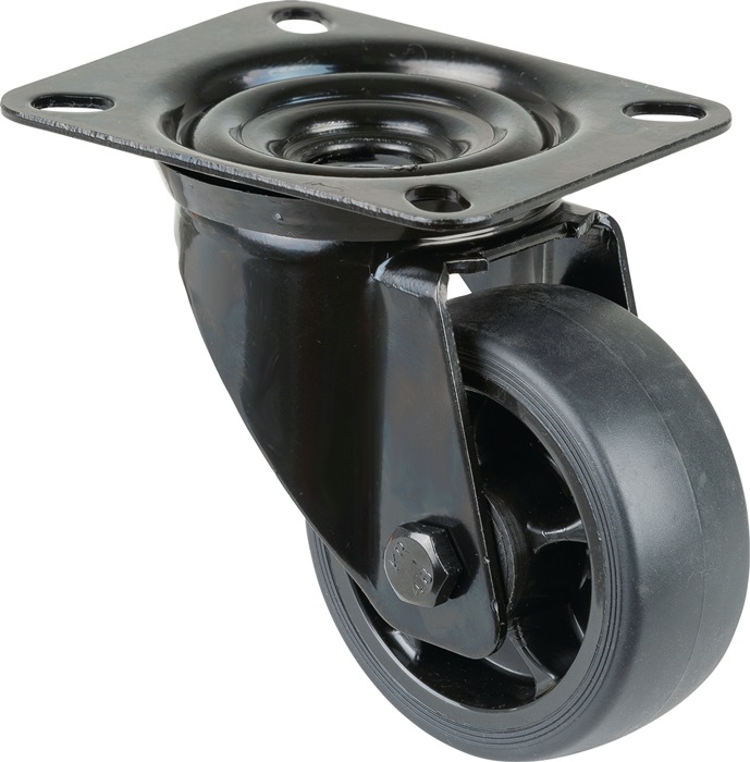 BS ROLLEN L800.B44.081.06 Lenkrolle  Rad-Ø 80 mm Tragfähigkeit 100 kg Lenkrollen Gummi Platte L104xB80 mm Farbe Rolle schwarz Transportgeräterolle · Gehäuse aus Stahlblech, schwarz · Rollenlager · thermoplastisches Gummirad schwarz · zweireihiger Kugelkra