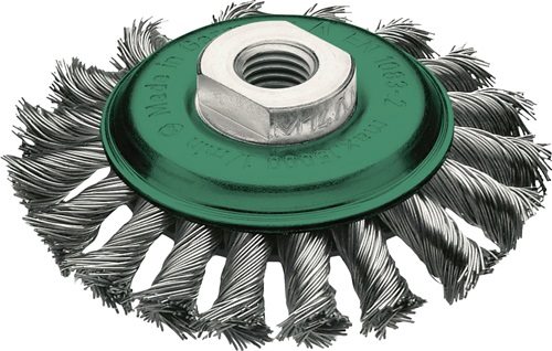 LESSMANN 471857 Kegelbürste  Ø 100 mm Gewinde Drahtstärke 0,5 mm Edelstahl 12 mm gezopfter Draht · geeignet für grobe Bürstarbeiten wie Schweißnahtreinigung, zur Entfernung von Schlacke, Rost, Zunder, Betonresten, Dichtungsmasse etc. · M14 Weitere technis