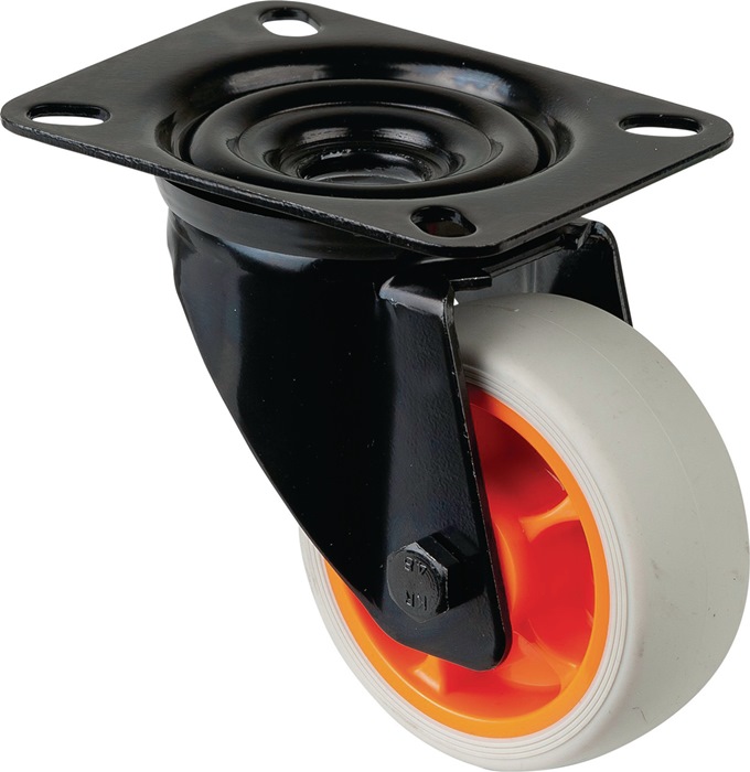BS ROLLEN L800.B44.081.02 Lenkrolle  Rad-Ø 80 mm Tragfähigkeit 100 kg Lenkrollen Gummi Platte L104xB80 mm Farbe Rolle hellgrau Transportgeräterolle · Gehäuse aus Stahlblech, schwarz · zweireihiger Kugelkranz im Gabelkopf · thermoplastisches Gummirad hellg
