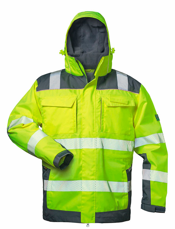 Norm  EN ISO 20471 Klasse 3 EN 343 Klasse 3/3, EN ISO 13688 Obermaterial  100% Polyester, Oxford, hoch atmungsaktive PU-Beschichtung Größen  S-XXXXL Farbe  fluoreszierend gelb, grau abgesetzt Atmungsaktivität  5.000 g/m²/24h Wassersäule  10.000 mm Verstär