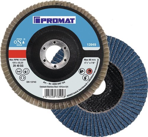 PROMAT  Fächerscheibe  D. 125 mm Körnung 60 gekröpft Stahl Zirkonkorund