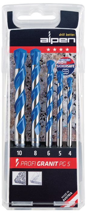 Steinbohrersatz PROFI GRANIT 5-tlg.D.4,5,6,8,10mm ALPEN schnell- exakt - dauerhaft · Spezialbohrer zum Dreh- und Schlagbohren von Granit und Marmor · mit Hartmetallplatte