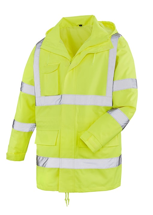 teXXor® 4101 teXXor® Warnschutz-Regenjacke BARRIE Gr. 4XL leuchtgelb Wasserdichte Ausstattung. Reflexstreifen umlaufend um Körper, Ärmel und Schultern. 2 Eingriff-Taschen mit Klappen-Abdeckung, 1 Brusttasche für Handy, 1 Brustinnentasche im Futter. Wasser