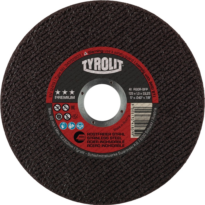TYROLIT 34332803 Trennscheibe A60R-BFP Premium D125x1mm gerade INOX Bohrung 22,2
