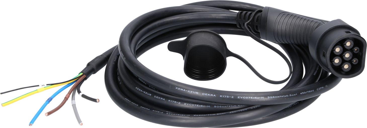 efuturo Ladekabel gerade, Ende offen auf Typ 2 Stecker zum Anschluss an eine Wallbox, 3 Phasen, bis zu 22 kW, 32 A, 400 V, Mode 3, 5 Meter Verbindungskabel von der Ladestation zum Fahrzeugfür Elektro- und Hybri