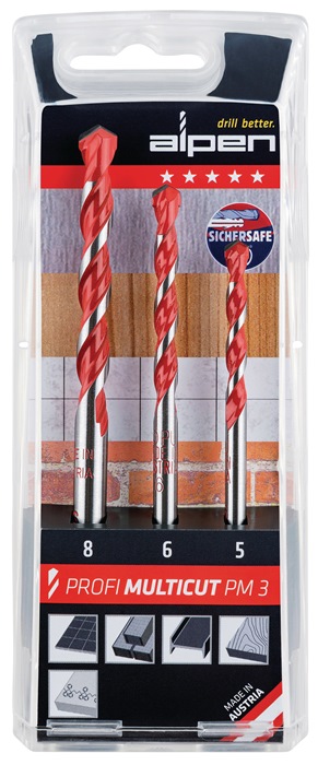 Bohrersatz Profi Multicut 3tlg.5,6,8mm rd.ALPEN Universal - Der Alleskönner hohe Flexibilität und präzise Bohrungen, auch bei abwechselndem Bohren in unterschiedlichen Materialien · zum Drehbohren in Fliesen, Mauerwerk, Metall, Holz und Kunststoff