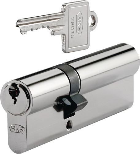 Profildoppelzylinder PZ 8812 50/65mm NuG beids.Anz.Schlü.1 gleichschl.BKS Not- und Gefahrenfunktion beidseitig · Massiv Messing vernickelt · einreihige Stiftanordnung mit 5 geteilten Stiftzuhaltungen · zertifiziert nach DIN 18252 Klasse P 2 · DIN EN 1303