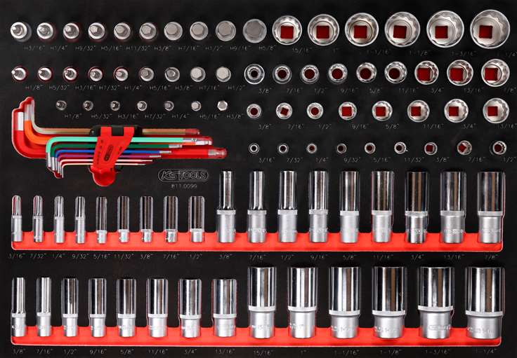 KS Tools 811.0099 1/4'' + 3/8'' + 1/2'' Steckschlüssel-Satz in Schaumstoffeinlag