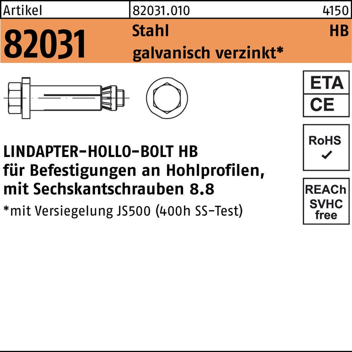 LINDAPTER Hohlraumdübel R 82031 m.6-kantschraube HB 08-2 ( 70/41) 8.8 galvanisch