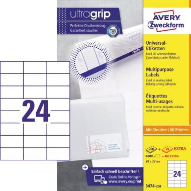 Avery Zweckform Etikett 3474-200 70x37mm weiß 4.800 St./Pack.