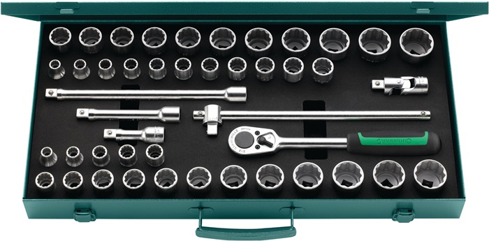 Steckschlüsselsatz 50Ma/39/6 N 45-tlg.1/2 Zoll SW 10-13mm 3/8-1 1/4 Zoll 12,5 mm (1/2 ?)-Vierkantantrieb · metrische und Zollmaße · Steckschlüssel-Einsätze und Bedienelemente aus Chrom-Alloy-Stahl · verchromt Inhalt:1 Hebel-Umschaltknarre (36 Zähne) mit 2