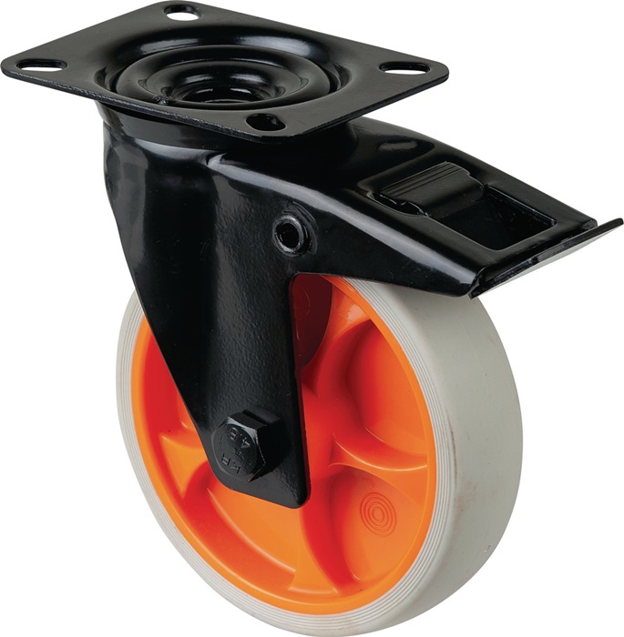 BS ROLLEN L820.B44.126.02 Lenkrolle  Rad-Ø 125 mm Tragfähigkeit 120 kg mit Feststeller Gummi 104x80mm hellgrau Transportgeräterolle mit Totalfeststeller · thermoplastisches Gummirad hellgrau · Radkörper Kunststoff orange · Gehäuse aus Stahlblech, schwarz