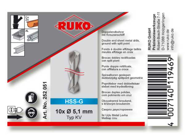RUKO 252051 Doppelendbohrer HSS 5.1 mm blank